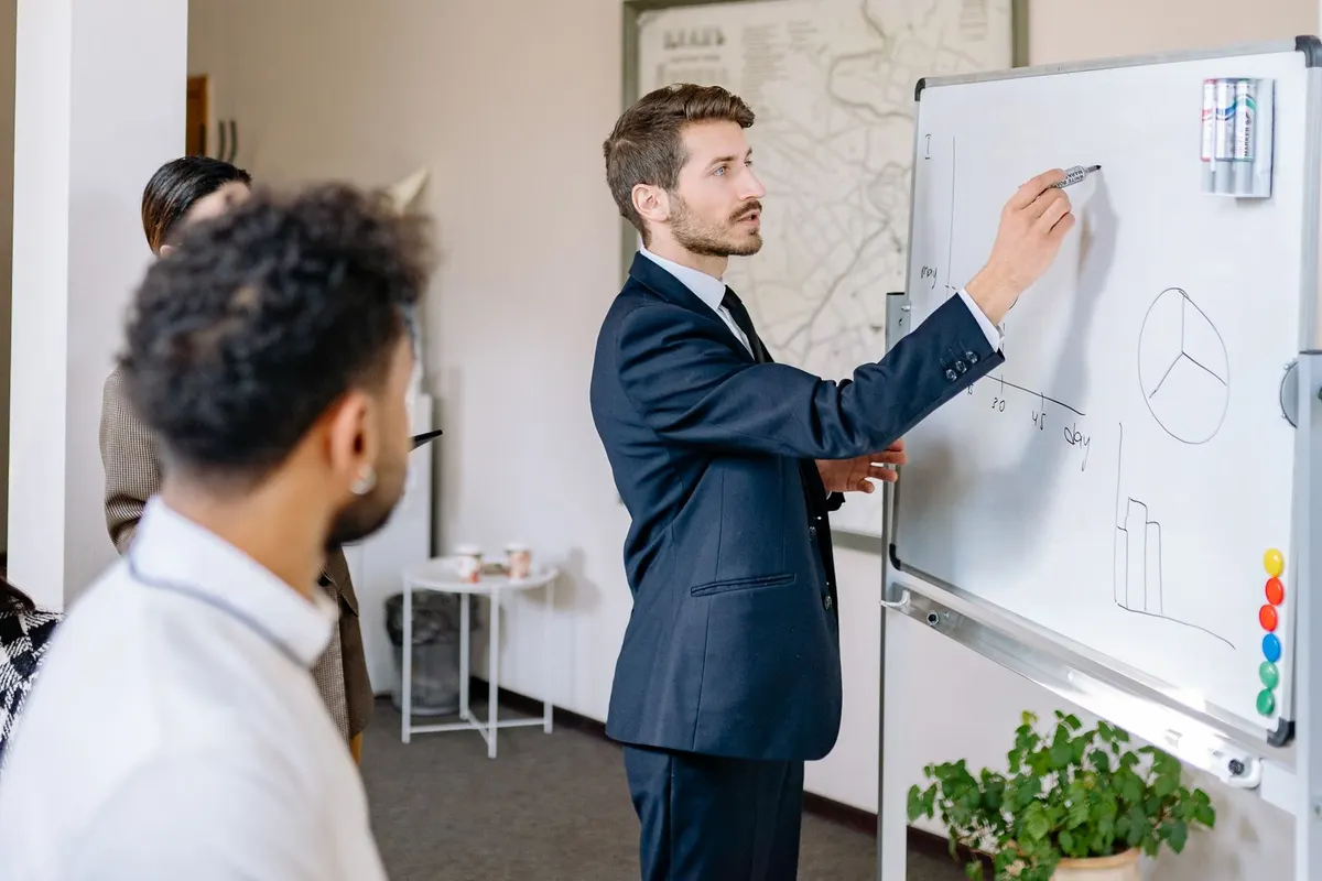 Gesprek bij een whiteboard