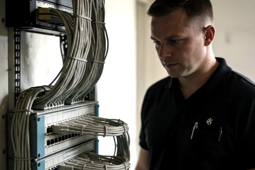 IT-beheerder bij een netwerkkast